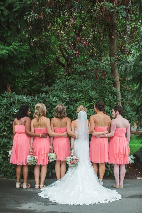 coral bridesmaids dresses and bouquet for 2019 spring coral wedding